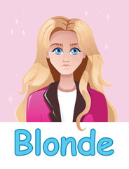 Portrait of a blonde girl with long hair and big blue eyes. The girl is dressed in a pink suit. With the inscription blonde. Female avatar