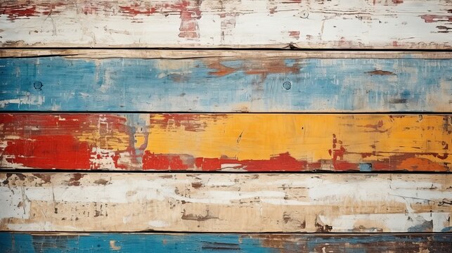 Horizontal cracked wooden planks background with different colors