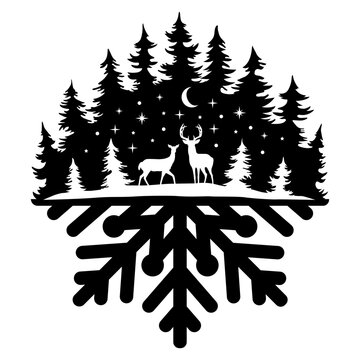 Deer in the Snowy Woods, Snowflake, Christmas Scene, Hand Drawn Vector Illustration  