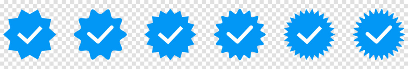 Blue verified badge icons set. Social media account verification icons. Vector illustration isolated on transparent background