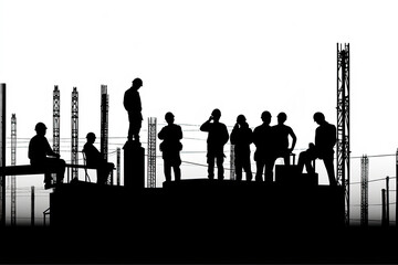 A black and white silhouette of construction workers on different levels of a site. An image of teamwork or a challenge of heights - obrazy, fototapety, plakaty