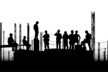 Fotobehang A black and white silhouette of construction workers on different levels of a site. An image of teamwork or a challenge of heights © Andrii Zastrozhnov