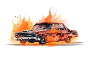 Vintage coupe auto with a white roof on fire on a white background