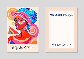 Cover set, vertical templates. Collection of unique backgrounds with geometric tribal original pattern of African woman watercolor face. Ethnic style, ornaments, decorations. Place for text 