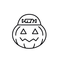 Pumpkin with candy line icon. Jack o Lantern icon isolated on white background.  Outline vector illustration from halloween collection. Halloween line icon. Vector illustration 