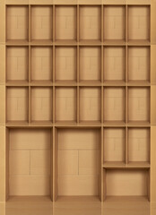 Collage of many open cardboard boxes. Creative layout for placing text or images. Courier shipping, selling or delivery. Packing parcel, package and shop order, boxing and wrapping product.