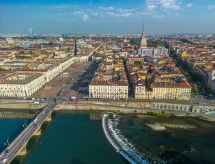Fototapeta premium The drone aerial view of Turin city centre with Mole Antonelliana and River Po, Piedmont region of Italy.