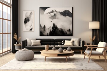 Interior design of a living room with an artwork, a modular sofa, a trendy coffee table, a grey area rug, a wooden sideboard, a black stool, a vase with branches, and personalized accessories. This is