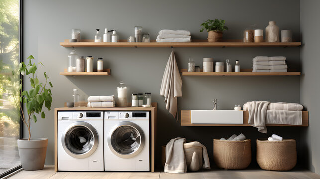 A Well Lit Laundry Room Interior with washing machine. Generative AI.