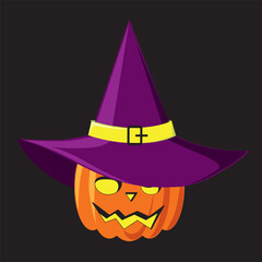 Funny pumpkin in witch's hat. Halloween vector illustration.