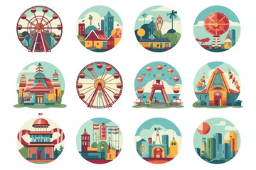 set of eggs Amusement park icons round concept vector illustration  