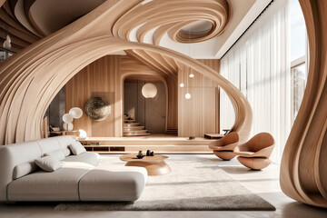 Grey sofa and beige armchairs in spacious luxury room with abstract curved wavy paneling walls and ceiling. Minimalist home interior design of modern living room.