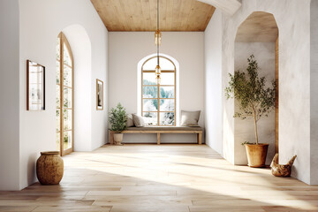 Mediterranean, coastal style interior design of modern entrance hall with arched door in farmhouse.
