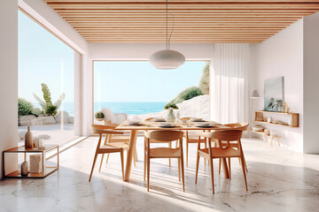 Mediterranean interior design of modern dining room in seaside villa with stunning sea view. - obrazy, fototapety, plakaty