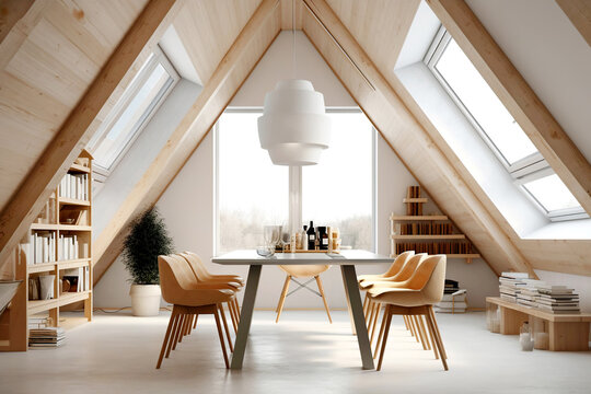 Dining Table And Chairs In Attic With Wood Beams. Scandinavian Interior Design Of Modern Dining Room.