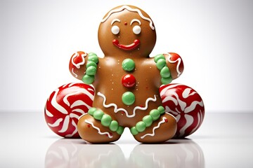 Fototapeta premium Christmas Sweet holiday magic Christmas Gingerbread man joyfully adorned, powdered sugar wonderland