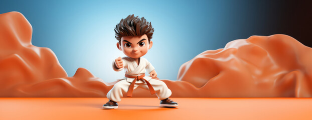 cartoon style young martial arts player boy in challenge pose for training and success at self defense sports like karate , kung fu and judo championships as wide banner with copy space area - obrazy, fototapety, plakaty