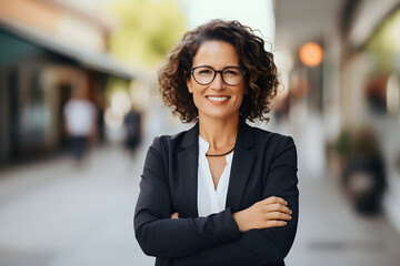 H&uuml;bsche, l&auml;chelnde, professionelle Gesch&auml;ftsfrau, gl&uuml;ckliche, selbstbewusste, erfolgreiche Unternehmerin, im Freien auf der Stra&szlig;e steht, die Arme verschr&auml;nkt und in die Kamera schaut - Generative AI