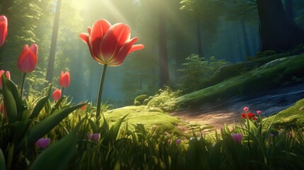 Obraz na płótnie Canvas Beautiful Tulips in the Forest
