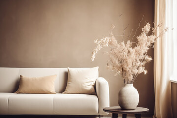 Modern living room interior in warm beige colors. Generative AI.