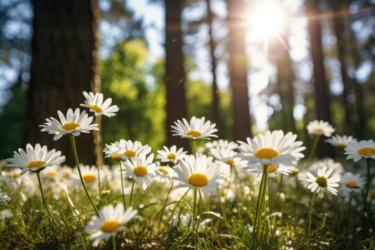 White Daisies in the forest during sunrise