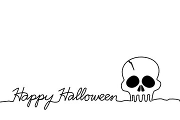 Happy Halloween logo text design. 
Cross graveyard skeleton and happy Halloween continuous line drawing. Vector with black lines isolated on white background