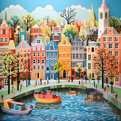 Amsterdam, paper art collage, vibrant Amsterdam, canal, layered color paper, travel wallpaper,  - obrazy, fototapety, plakaty