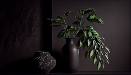 black vase with flowers against black wall. Generative in ai