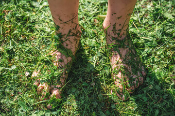 The concept of summer, ecology. unity with nature. bare feet in the grass