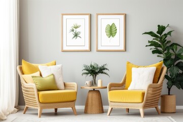 The living room interior is beautifully designed with a fashionable rattan armchair, two frames holding mock up posters, green plants, a cube, plaid, and various personal accessories. The honey yellow