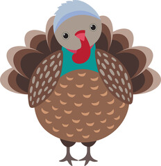 Cute turkey cartoon style. Thanksgiving symbol turkey bird funny character isolated.