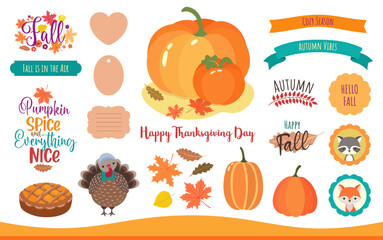 Fall clipart set flat design. Autumn Thanksgiving icons. Pumpkins, leaves, pumplin spice pie, cartoon turkey, woodland animals . Autumn compositions with lettering calligraphy. Fall banners and tags.