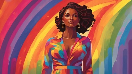Empowered woman standing in light and rainbow colors, symbolizing women's rights.
