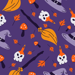 Seamless background of merry Halloween. Vector illustration with a skull with candles, fly agaric mushroom, witches broom,leaves,witch hat.Pattern on a dark background.
