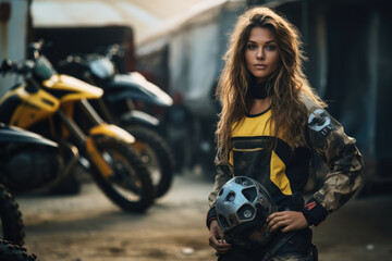 Naklejka premium Young cool woman wearing motorcycle gear and helmet, AI Generated