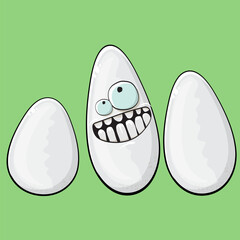 Rice character. Cartoon rice grain characters isolated on green background. Funky rice character with eyes and mouth. Vector white rice clip art, emoji, label and sticker