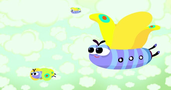 Cartoon character blue yellow moth butterfly flying loop on day clouds. Background seamless looping animation for titles. Good for fairy tales, illustration.

