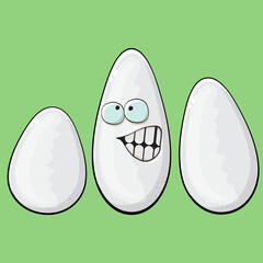 Rice character. Cartoon rice grain characters isolated on green background. Funky rice character with eyes and mouth. Vector white rice clip art, emoji, label and sticker