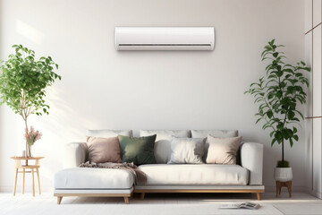 Living room interior with air conditioner. Working air conditioner for comfort temperature in home at hot summer, cooling air in the room