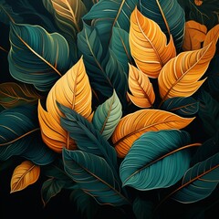 Green and orange floral leaf background with tropical elements and luxury style. Illustration. Concept for fabric print. Generative AI