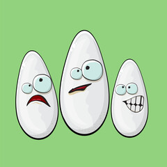 Rice character. Cartoon rice grain characters isolated on green background. Funky rice character with eyes and mouth. Vector white rice clip art, emoji, label and sticker