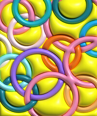 Abstract yellow background with colorful circles, 3D rendering illustration