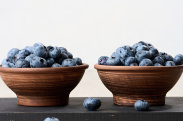 Ripe blueberries in a bowl on the table, healthy and tasty berry