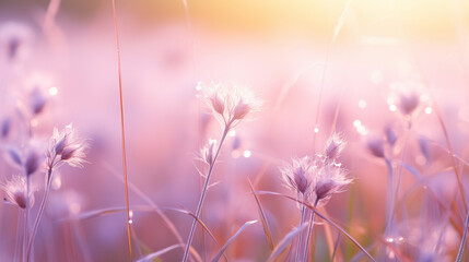 A gently blurred, natural image capturing wild grass adorned with morning dew on a spring or summer meadow, presented in soft and delicate pastel shades. The macro perspective adds 