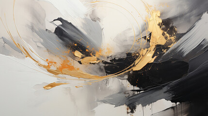 A detailed view capturing the intricacies of an abstract, textured artwork characterized by rough, contrasting black and gold elements. The piece is created using expressive brushs 