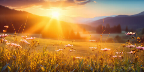 Golden Dawn Mountain Meadow Sunrise. Peaceful Landscape. Generative AI
