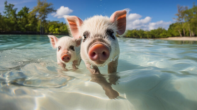 Exotic travel destination setting - Adorable swimming pigs captured underwater in the ocean. These endearing piggy swimmers create a unique and charming experience in the tropical 