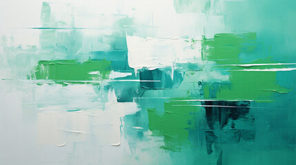 A detailed view capturing the textured and vivid nature of an abstract artwork, characterized by rough yet vibrant green colors. This piece is created using expressive oil brushstr 