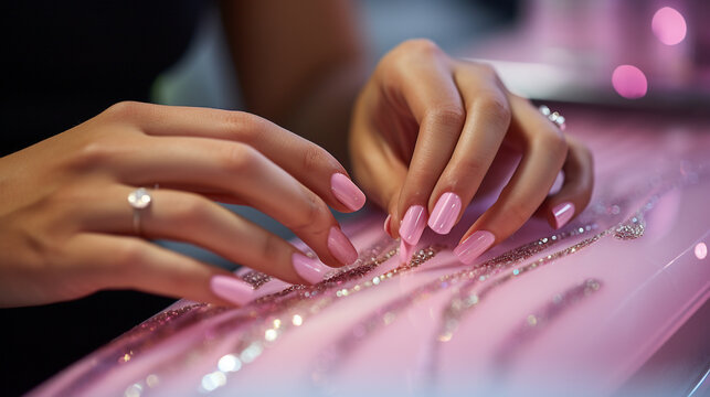 Mesmerizing Manicure: An image showcasing a woman's hands in focus as they undergo a mesmerizing manicure, each nail being adorned with precision and creativity. 