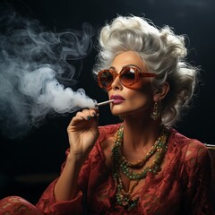 Fototapeta premium Beautiful stylish woman smokes cannabis or marijuana. An elegant woman with gray hair in bright clothes and jewelry with a hemp cigarette in her hands.